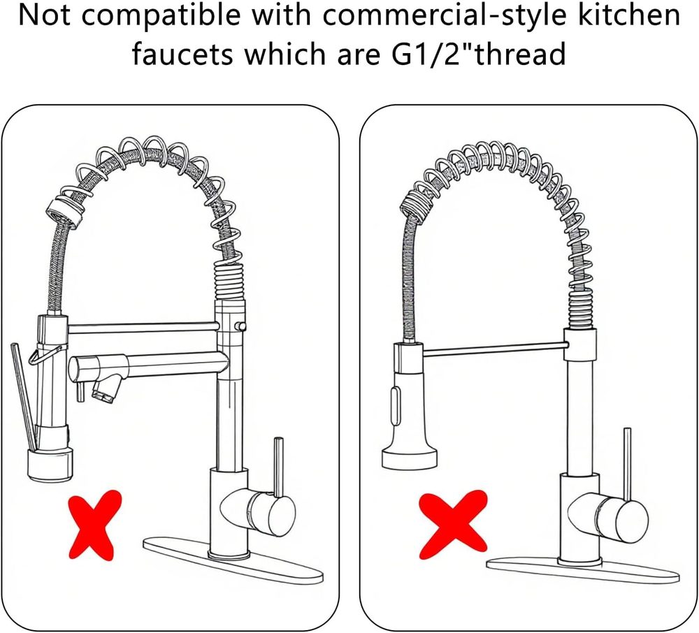 Fit diagram stating the spray head is not compatible with commercial-style kitchen faucets which use G 1/2 inch thread, with two spring-style faucets crossed out